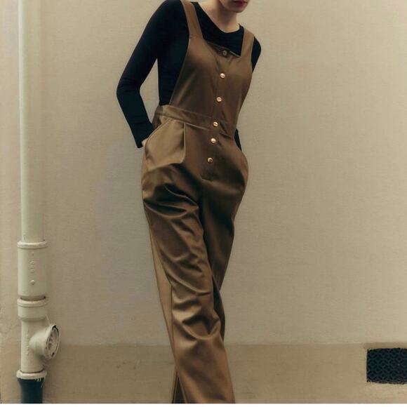 ZARA BLOGGER FAVORITE FAUX LEATHER LONG JUMPSUIT KHAKI - Picture 7 of 12